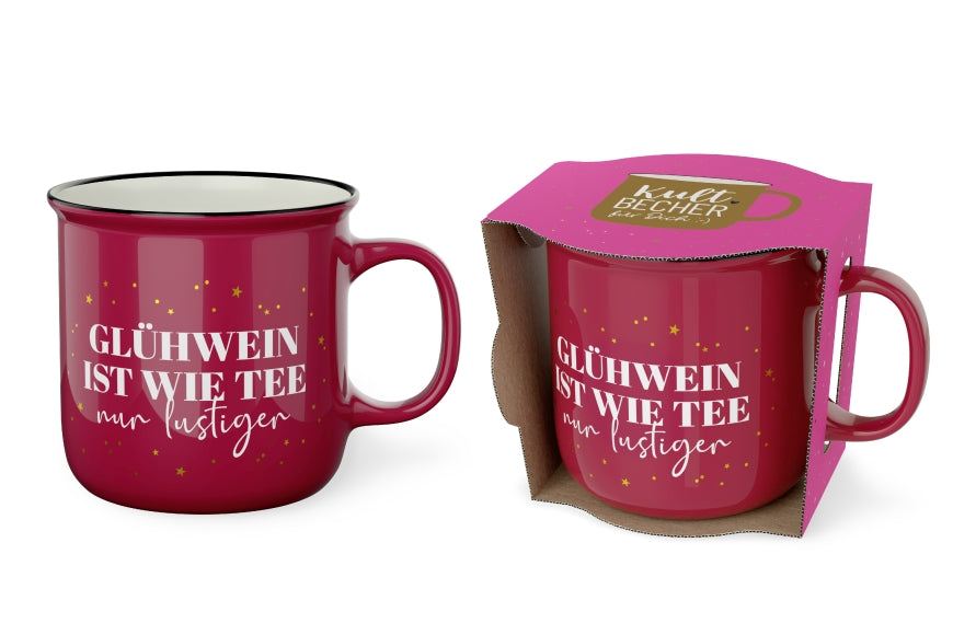 Kultbecher mit Spruch Glühwein ist wie Tee nur lustiger in Dunkelpink, New Bone China 250 ml – Geschenk für Dich