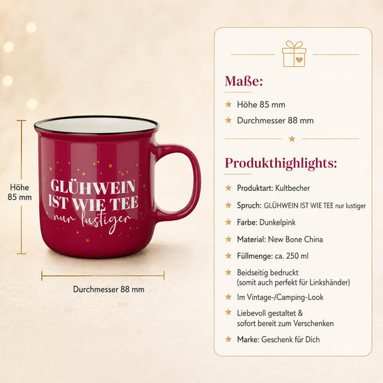 Kultbecher Glühwein ist wie Tee nur lustiger – Maße und Produkthighlights, 250 ml New Bone China