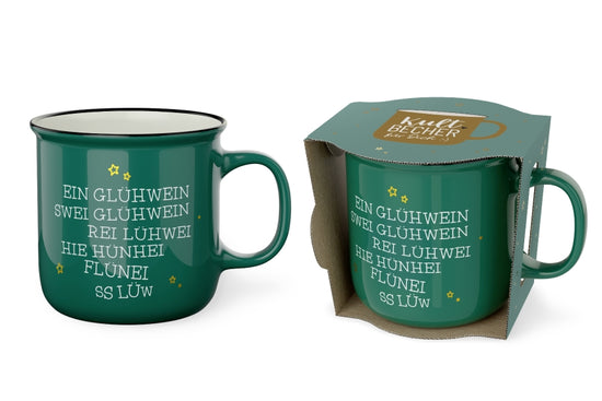 Kultbecher mit lustigem Glühwein-Spruch in Dunkelgrün, New Bone China 250 ml – Geschenk für Dich