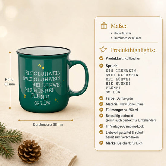 Kultbecher lustiger Glühwein-Spruch – Maße und Produkthighlights, 250 ml New Bone China