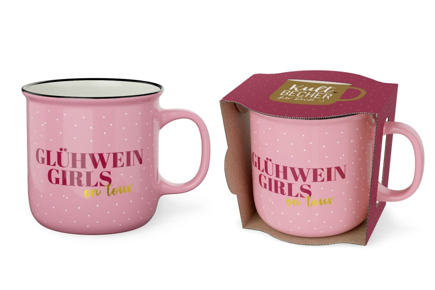 Kultbecher mit Spruch Glühwein Girls on tour in Rosa, New Bone China 250 ml – Geschenk für Dich