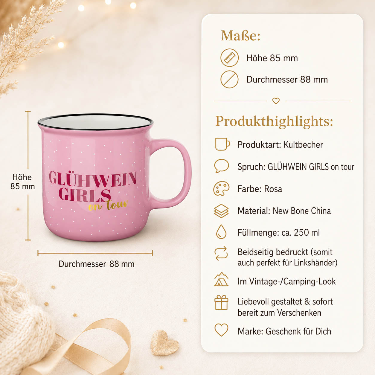 Kultbecher Glühwein Girls on tour – Maße und Produkthighlights, 250 ml New Bone China