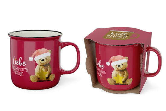 Kultbecher Liebe Weihnachtsgrüße mit Teddybär-Motiv, rubinrot, New Bone China, 250 ml – Geschenk für Dich
