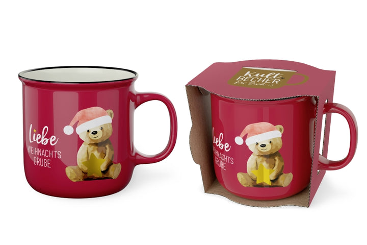 Kultbecher Liebe Weihnachtsgrüße mit Teddybär-Motiv, rubinrot, New Bone China, 250 ml – Geschenk für Dich