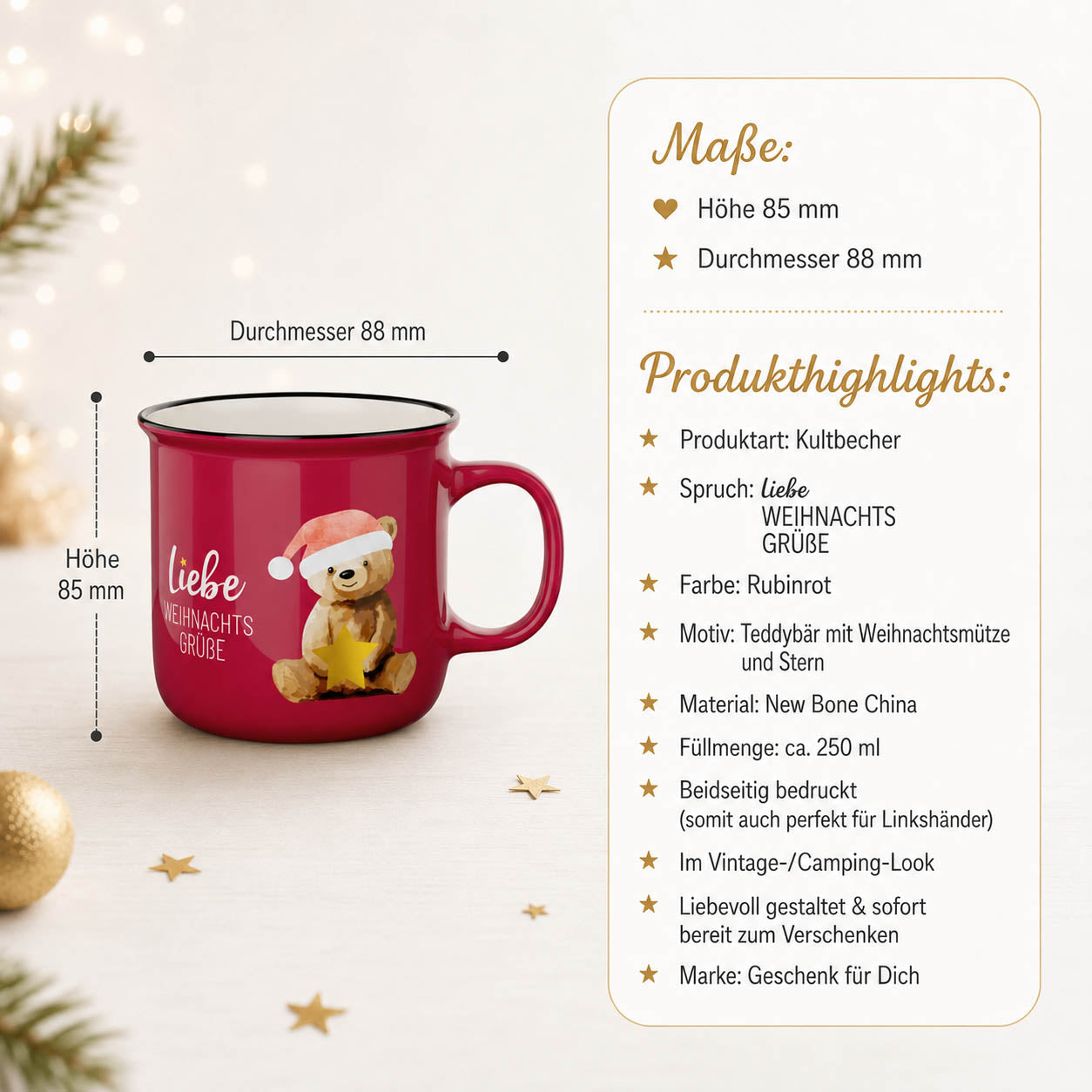 Kultbecher Liebe Weihnachtsgrüße Bär – Highlights, Höhe 85 mm Durchmesser 88 mm, 250 ml, beidseitig bedruckt