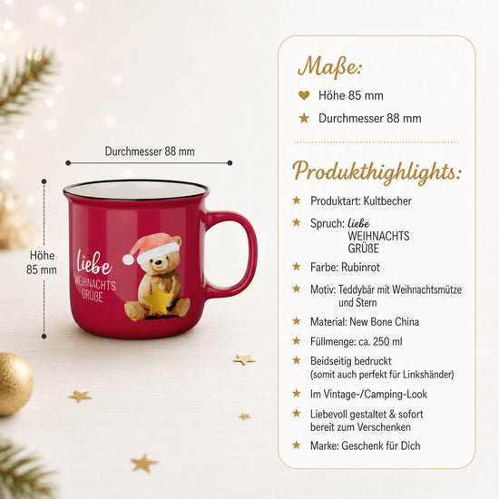 Kultbecher Liebe Weihnachtsgrüße Bär – Highlights, Höhe 85 mm Durchmesser 88 mm, 250 ml, beidseitig bedruckt