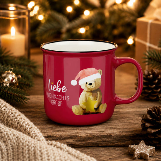 Kultbecher Liebe Weihnachtsgrüße Bär stimmungsvoll mit Weihnachtsdeko – Geschenk für Dich