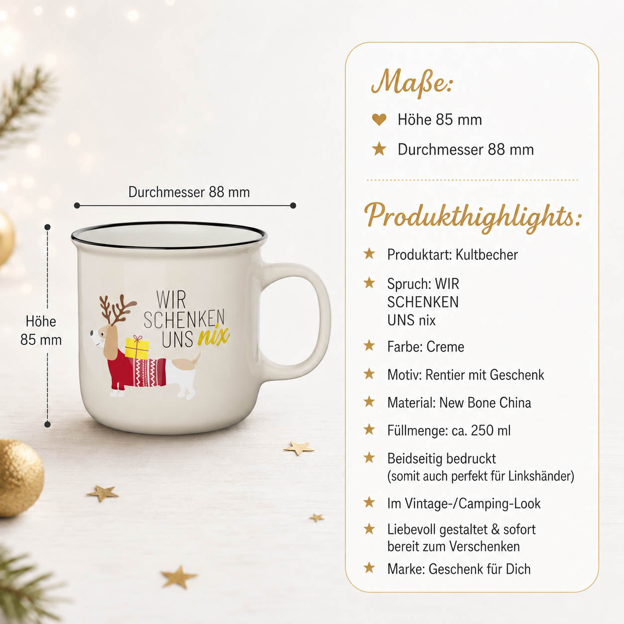 Kultbecher Wir schenken uns nix Dackel – Highlights, Höhe 85 mm Durchmesser 88 mm, 250 ml, beidseitig bedruckt