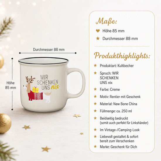 Kultbecher Wir schenken uns nix Dackel – Highlights, Höhe 85 mm Durchmesser 88 mm, 250 ml, beidseitig bedruckt
