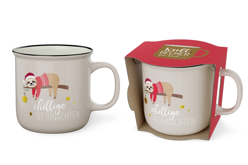 Kultbecher chillige Weihnachten mit Faultier-Motiv, beige, New Bone China, 250 ml – Geschenk für Dich