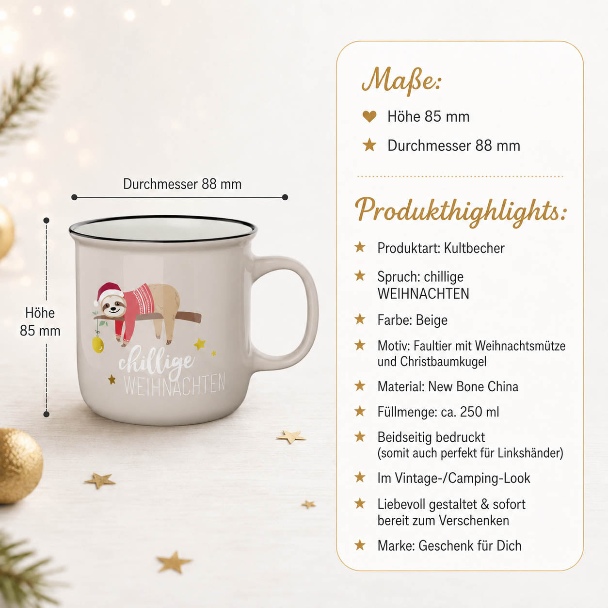 Kultbecher chillige Weihnachten Faultier – Highlights, Höhe 85 mm Durchmesser 88 mm, 250 ml, beidseitig bedruckt