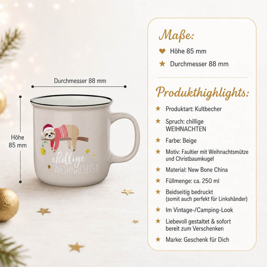 Kultbecher chillige Weihnachten Faultier – Highlights, Höhe 85 mm Durchmesser 88 mm, 250 ml, beidseitig bedruckt