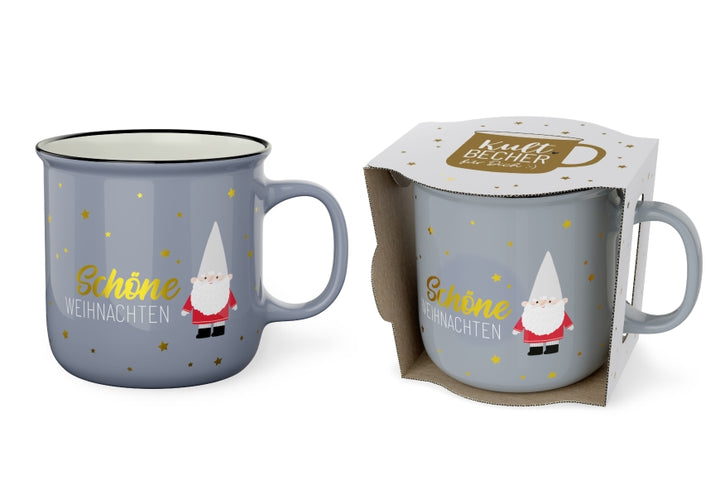 Kultbecher Schöne Weihnachten mit Wichtel-Motiv, blaugrau, New Bone China, 250 ml – Geschenk für Dich