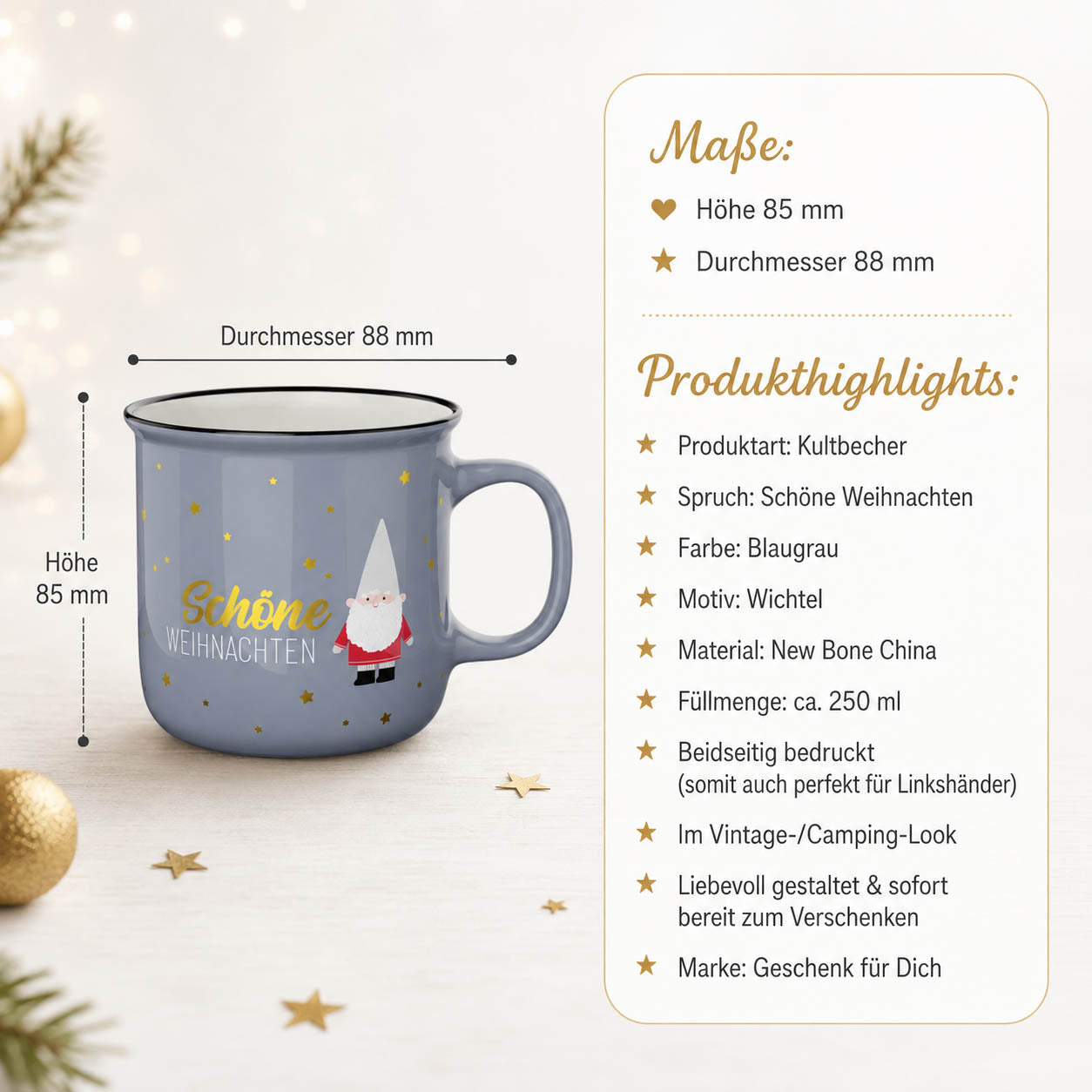 Kultbecher Schöne Weihnachten Wichtel – Highlights, Höhe 85 mm Durchmesser 88 mm, 250 ml, beidseitig bedruckt