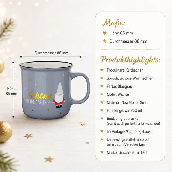 Kultbecher Schöne Weihnachten Wichtel – Highlights, Höhe 85 mm Durchmesser 88 mm, 250 ml, beidseitig bedruckt