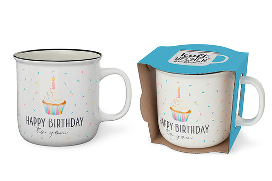 Kultbecher „Happy Birthday to you“ von Geschenk für Dich – weißer Geburtstagsbecher mit Konfetti & Muffin, beidseitig bedruck
