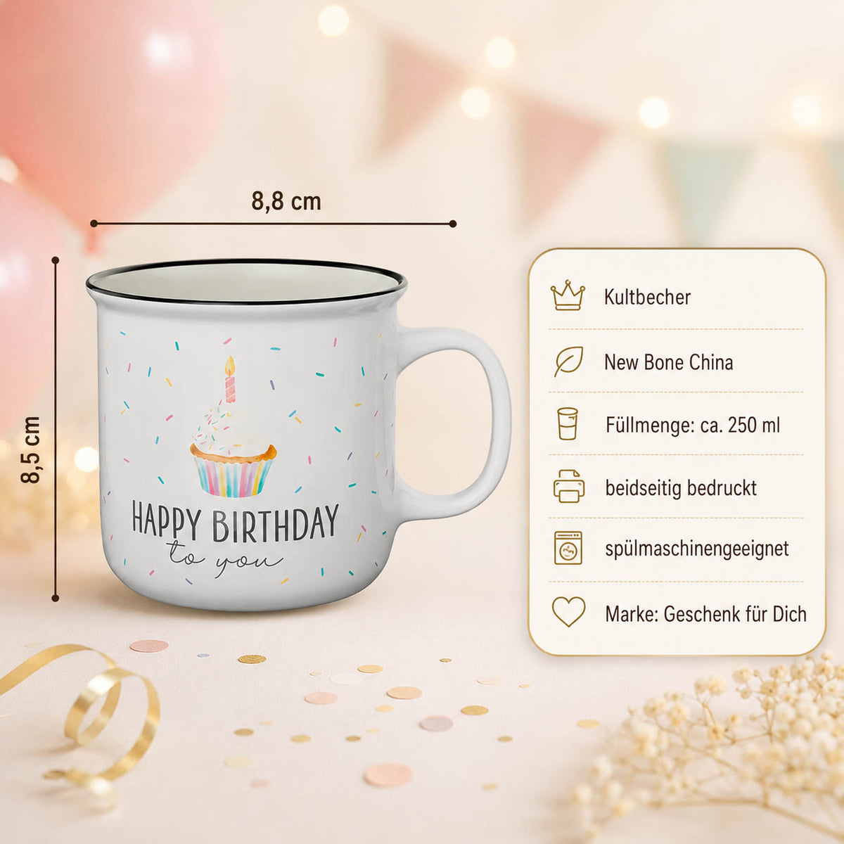 Kultbecher Happy Birthday to you – Highlights: New Bone China, 250 ml, Höhe 85 mm, Durchmesser 88 mm, schwarzer Rand im Retro-Look, beidseitig bedruckt