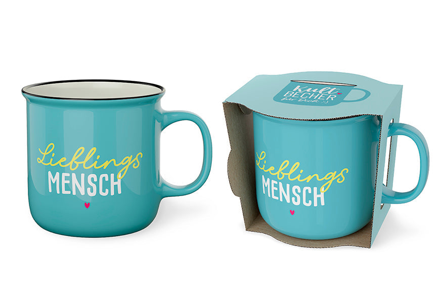 Kultbecher „Lieblingsmensch" in Petrol mit Geschenkverpackung – Happy Greetings