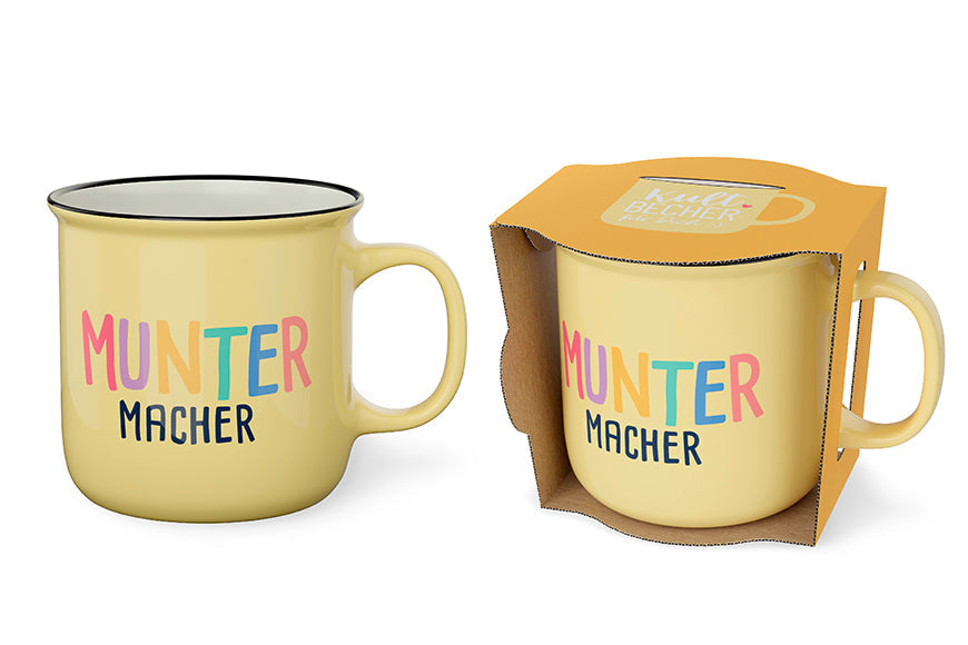 Kultbecher „Muntermacher" in Gelb mit Geschenkverpackung – Happy Greetings