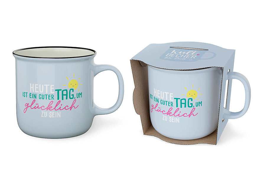 Kultbecher „Heute ist ein guter Tag, um glücklich zu sein" in Blau mit Geschenkverpackung – Happy Greetings