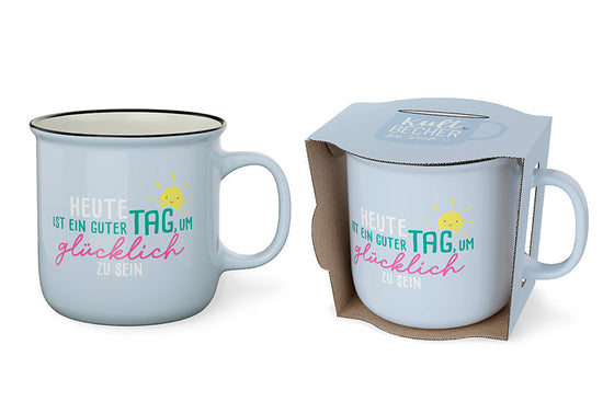 Kultbecher „Heute ist ein guter Tag, um glücklich zu sein" in Blau mit Geschenkverpackung – Happy Greetings