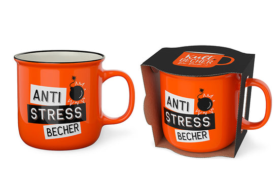 Kultbecher „Anti Stress Becher“ von Geschenk für Dich – orangefarbener Becher aus New Bone China mit beidseitigem Spruch