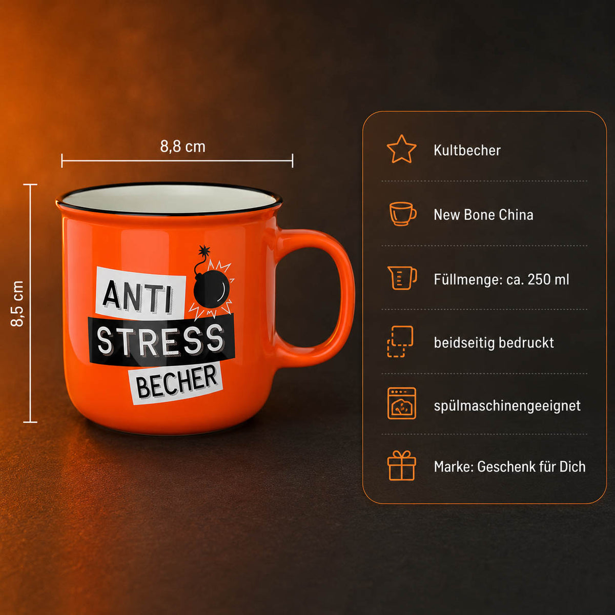 Kultbecher Anti Stress Becher – Highlights: New Bone China, 250 ml, Höhe 85 mm, Durchmesser 88 mm, schwarzer Rand im Retro-Look, beidseitig bedruckt