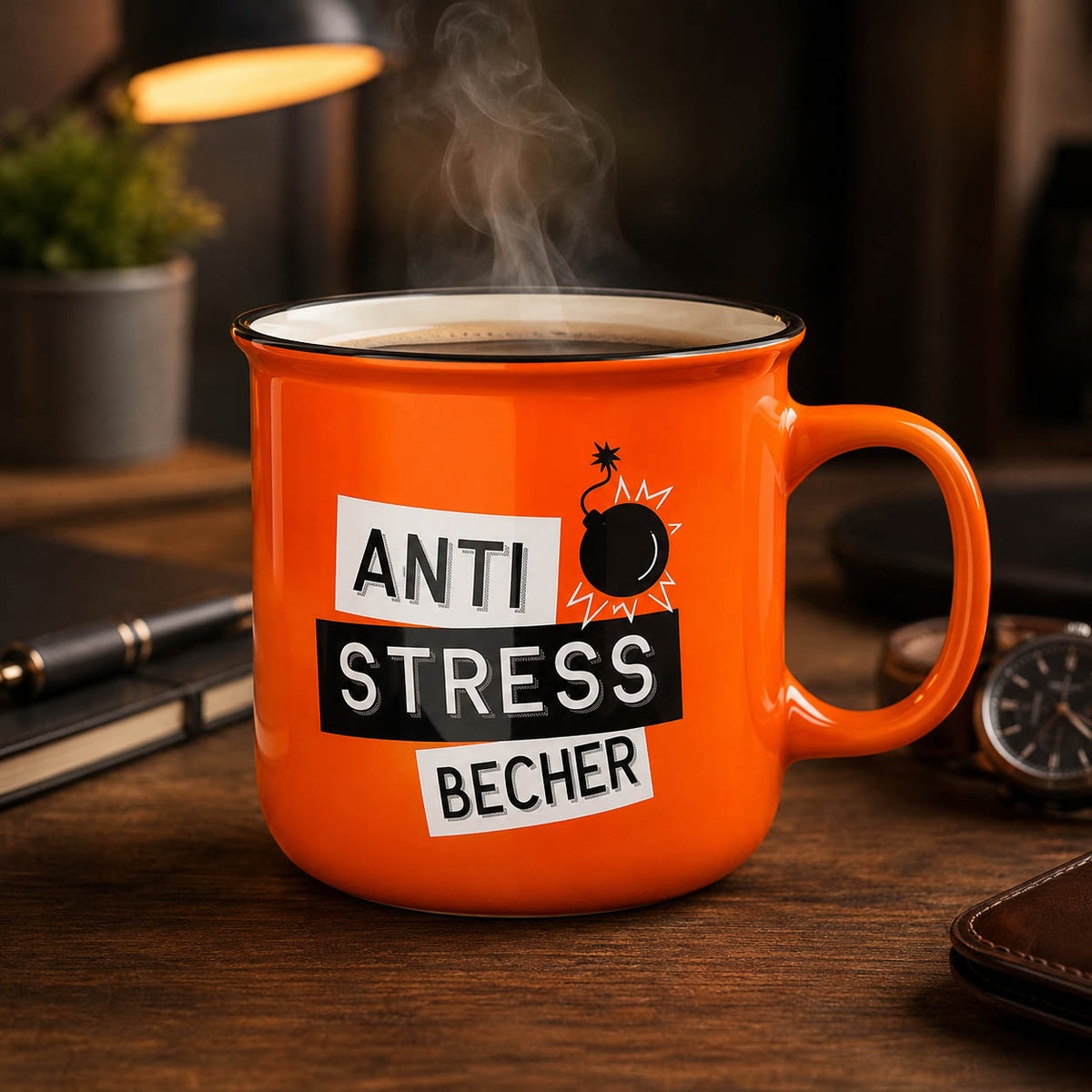 Kultbecher „Anti Stress Becher“ in Orange, stimmungsvoll in Szene gesetzt – Geschenk für Dich