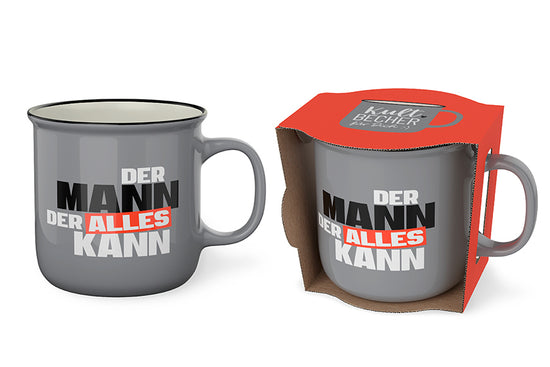 Kultbecher „Der Mann der alles kann“ von Geschenk für Dich – grauer New-Bone-China-Becher mit beidseitigem Spruch