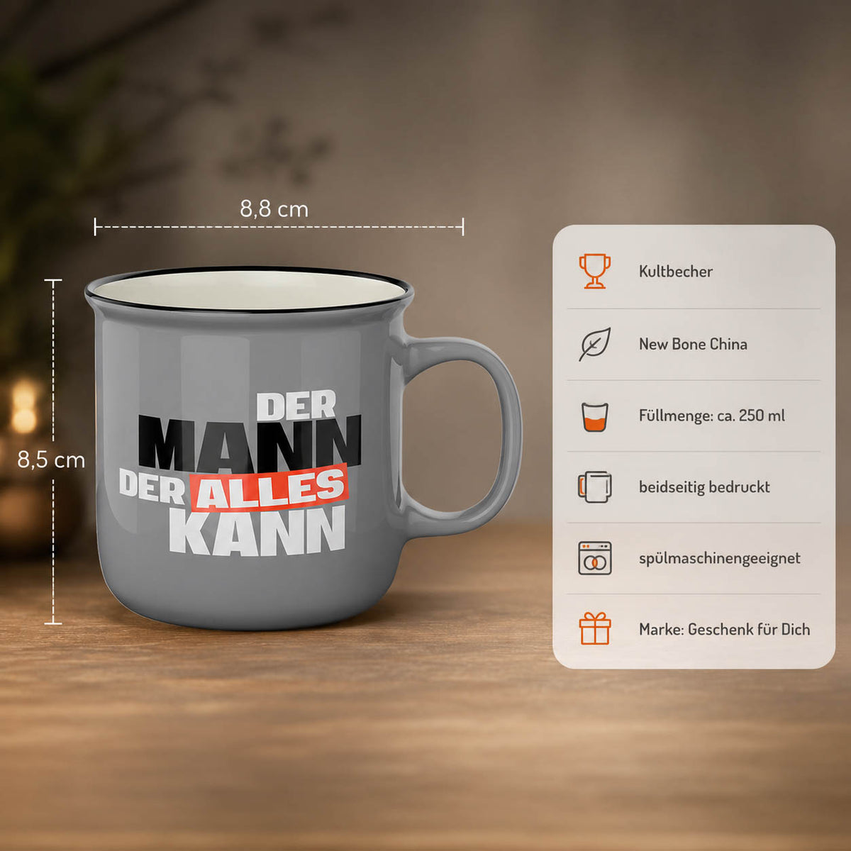 Kultbecher Der Mann der alles kann – Highlights: New Bone China, 250 ml, Höhe 85 mm, Durchmesser 88 mm, schwarzer Rand im Retro-Look, beidseitig bedruckt