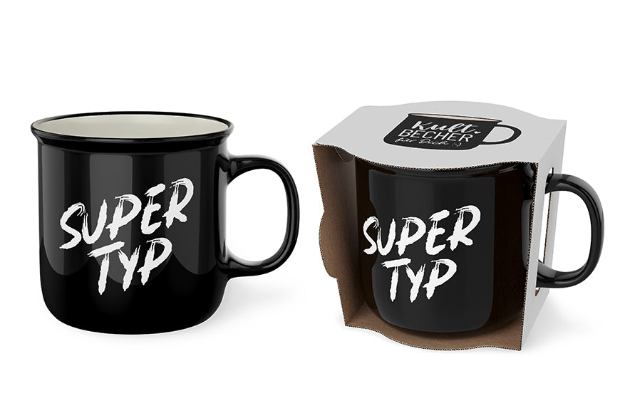 Kultbecher „Super Typ“ von Geschenk für Dich – schwarzer New-Bone-China-Becher mit beidseitigem Spruch