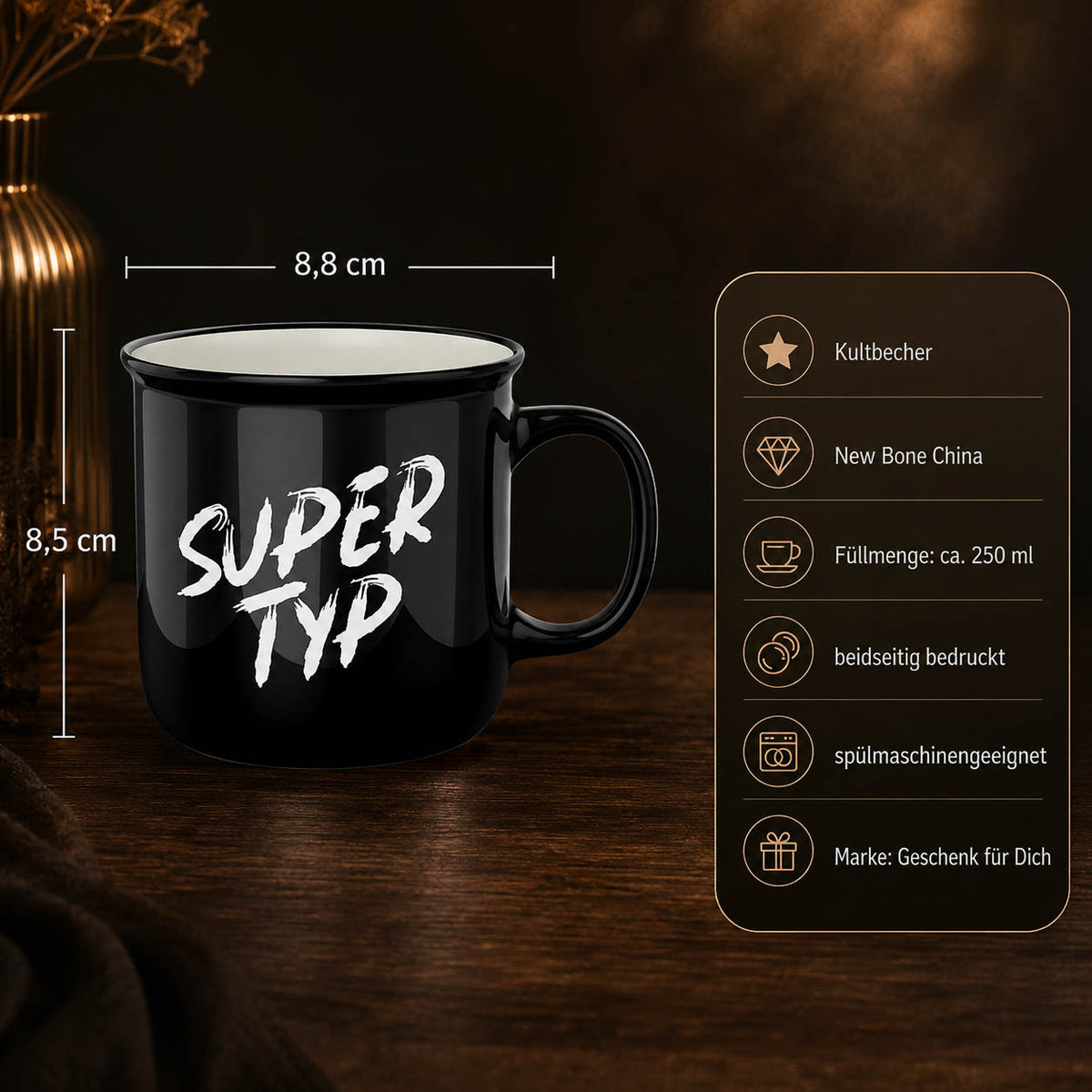 Kultbecher Super Typ – Highlights: New Bone China, 250 ml, Höhe 85 mm, Durchmesser 88 mm, schwarzer Rand im Retro-Look, beidseitig bedruckt
