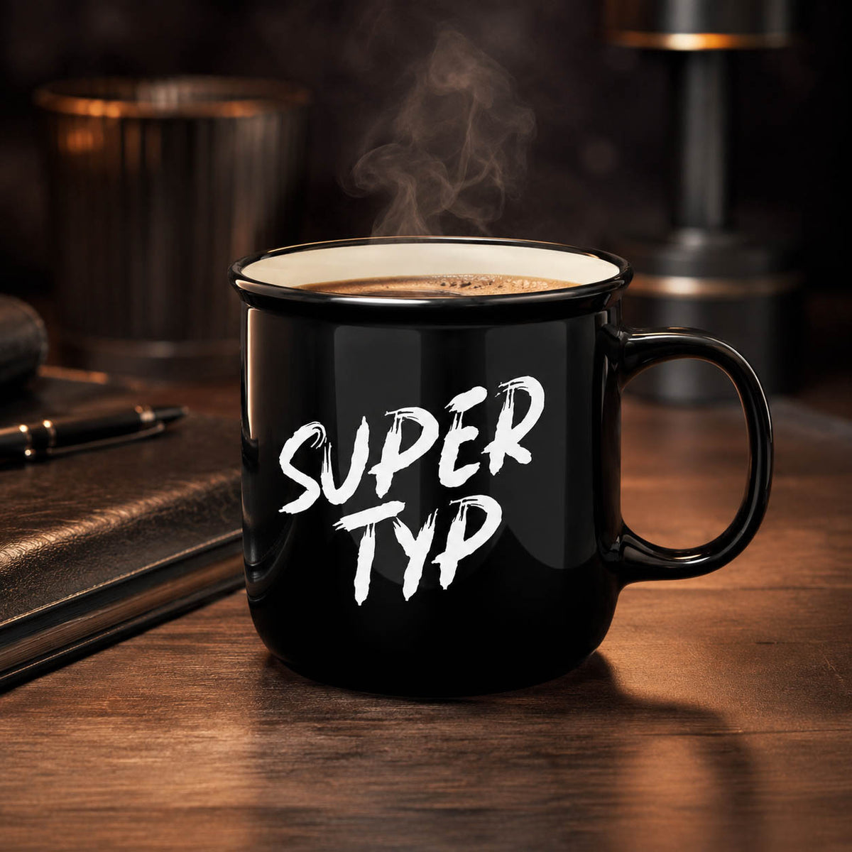 Kultbecher „Super Typ“ in Schwarz, stimmungsvoll in Szene gesetzt – Geschenk für Dich