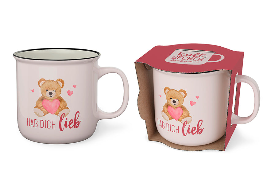 Kultbecher „Hab Dich lieb“ von Geschenk für Dich – rosa Becher aus New Bone China mit Teddy & Herz-Motiv