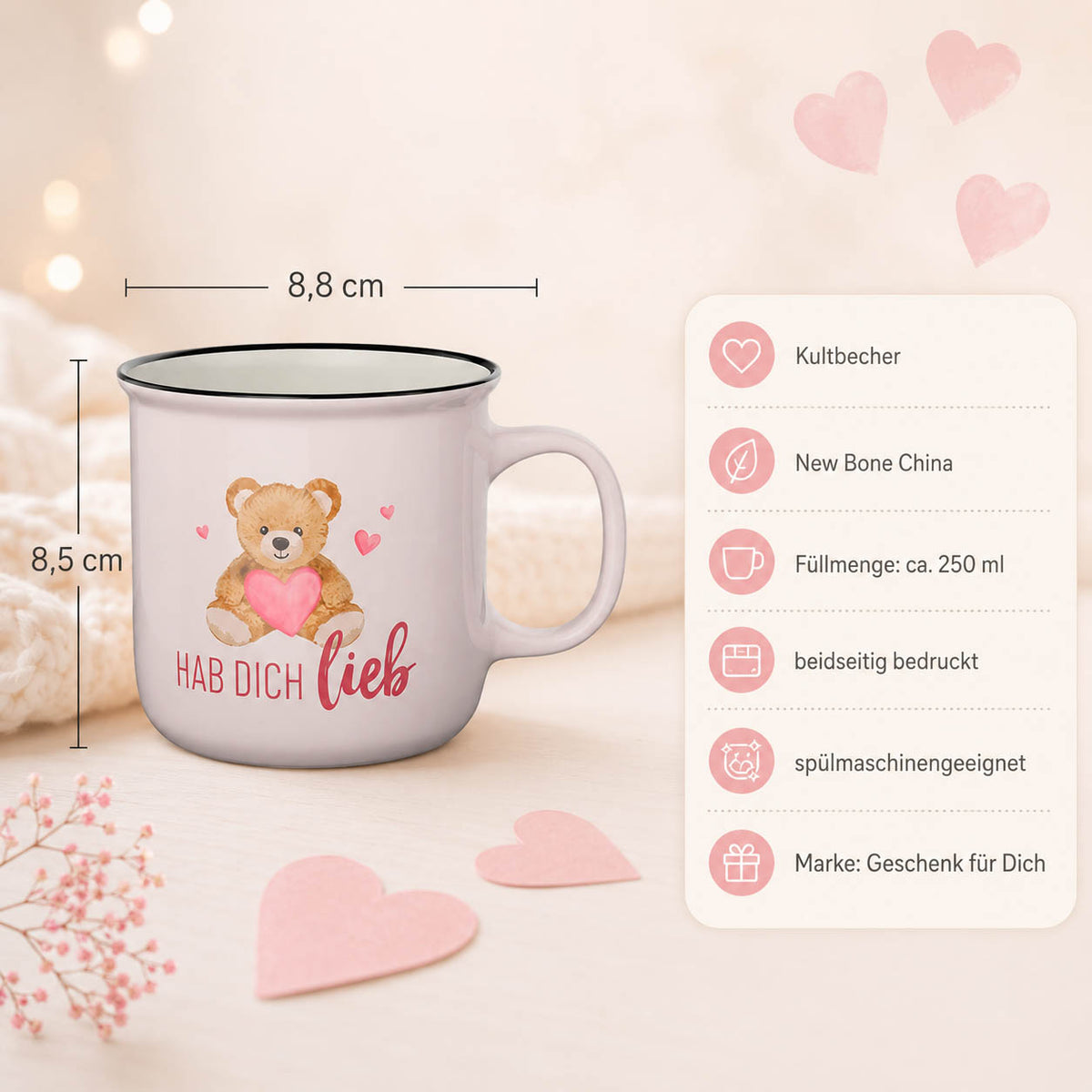 Kultbecher Hab Dich lieb in Zartrosa – Highlights: New Bone China, 250 ml, Höhe 85 mm, Durchmesser 88 mm, schwarzer Rand im Retro-Look, beidseitig bedruckt