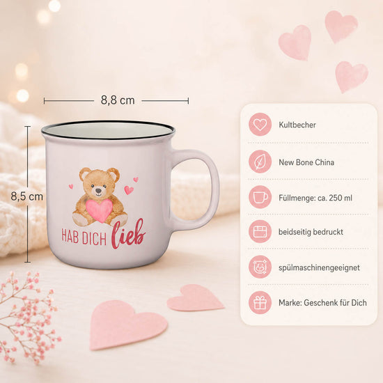 Kultbecher Hab Dich lieb in Zartrosa – Highlights: New Bone China, 250 ml, Höhe 85 mm, Durchmesser 88 mm, schwarzer Rand im Retro-Look, beidseitig bedruckt