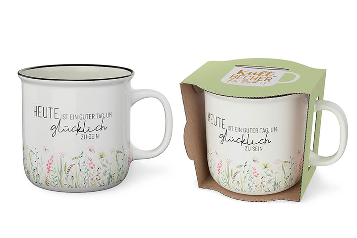 Kultbecher „Heute ist ein guter Tag, um glücklich zu sein“ von Geschenk für Dich – weißer Becher mit Blumenwiese & positivem Spruch