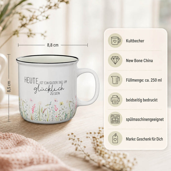 Grüne Geschenkverpackung „Kult-Becher für Dich“ mit offener Front, Becher sichtbar