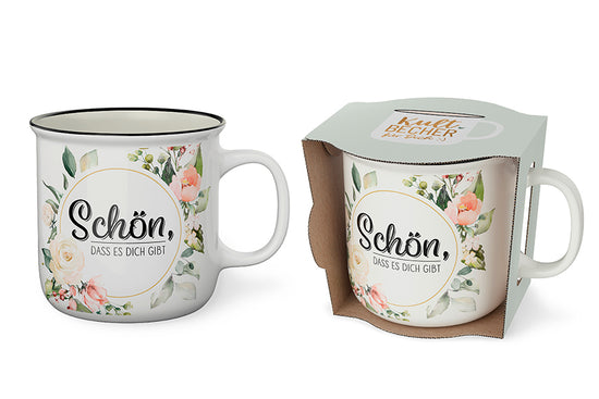 Kultbecher „Schön, dass es Dich gibt“ von Geschenk für Dich – weißer Becher mit Blumen rund um den Spruch, beidseitig bedruckt