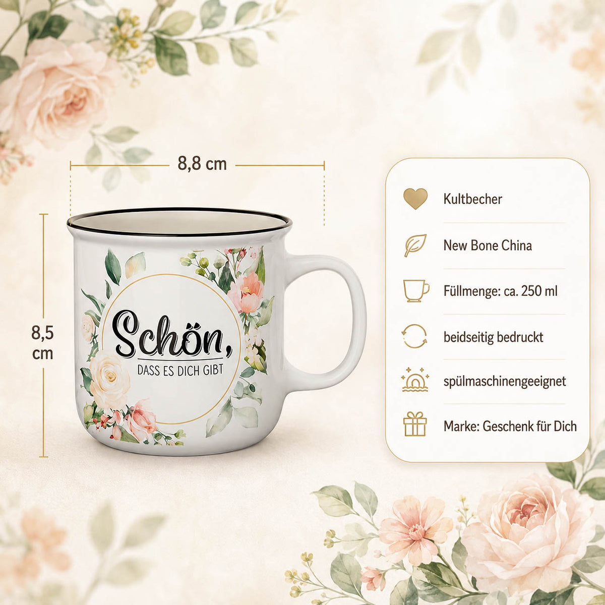 Salbeigrüne Geschenkverpackung „Kult-Becher für Dich“ mit offener Front, Becher sichtbar