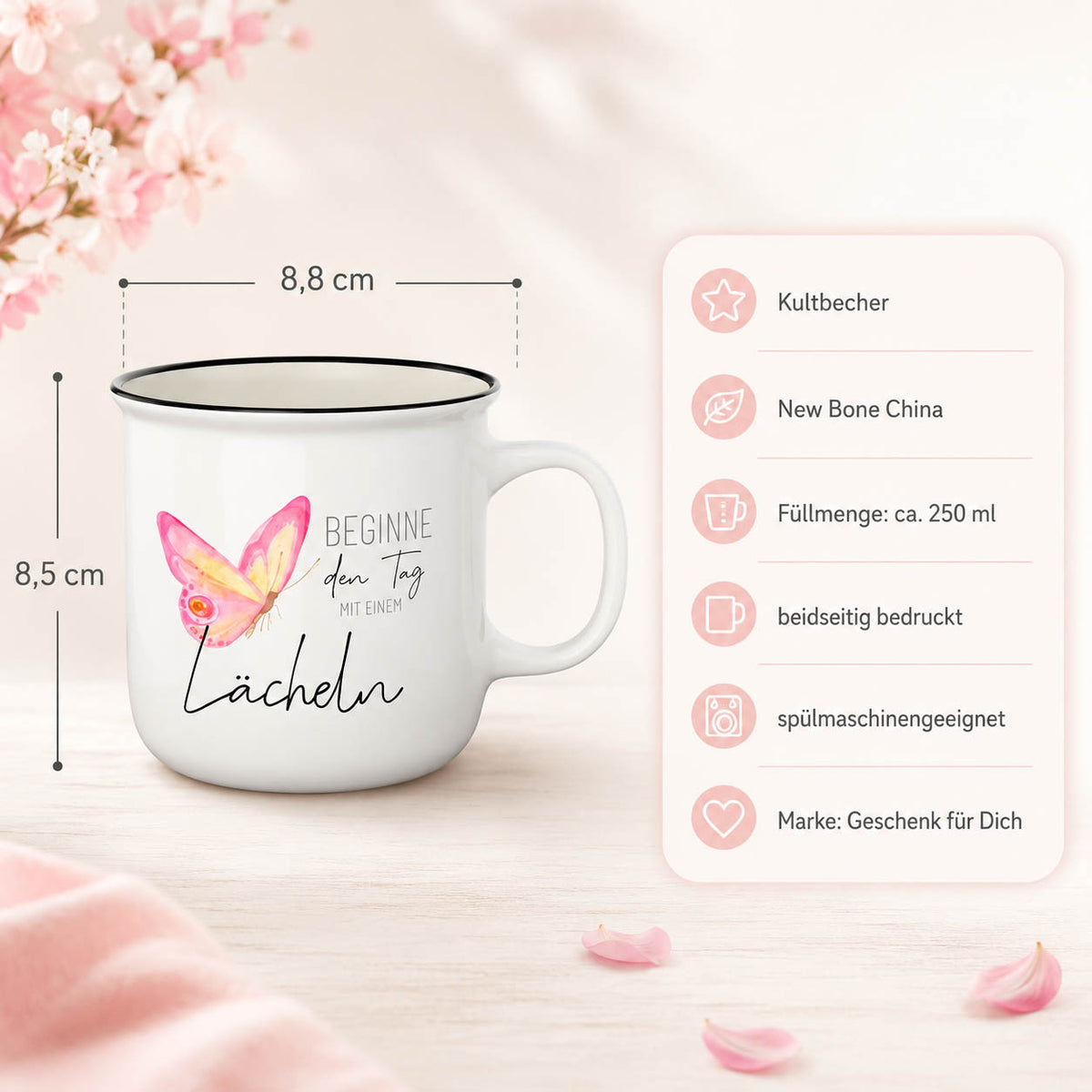Rosa Geschenkverpackung „Kult-Becher für Dich“ mit offener Front, Becher sichtbar