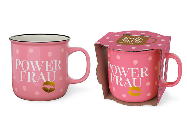 Kultbecher mit Aufschrift „Power Frau“ von Geschenk für Dich – rosa Becher aus New Bone China mit beidseitigem Motiv
