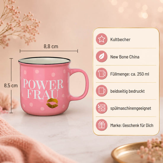 Kultbecher Power Frau – Highlights: New Bone China, 250 ml, Höhe 85 mm, Durchmesser 88 mm, schwarzer Rand im Retro-Look, beidseitig bedruckt