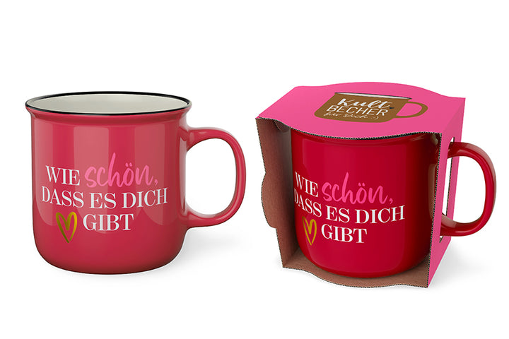 Kultbecher von Geschenk für Dich – pinkfarbener Becher aus New Bone China mit Spruch „Wie schön, dass es Dich gibt“, beidseitig bedruckt