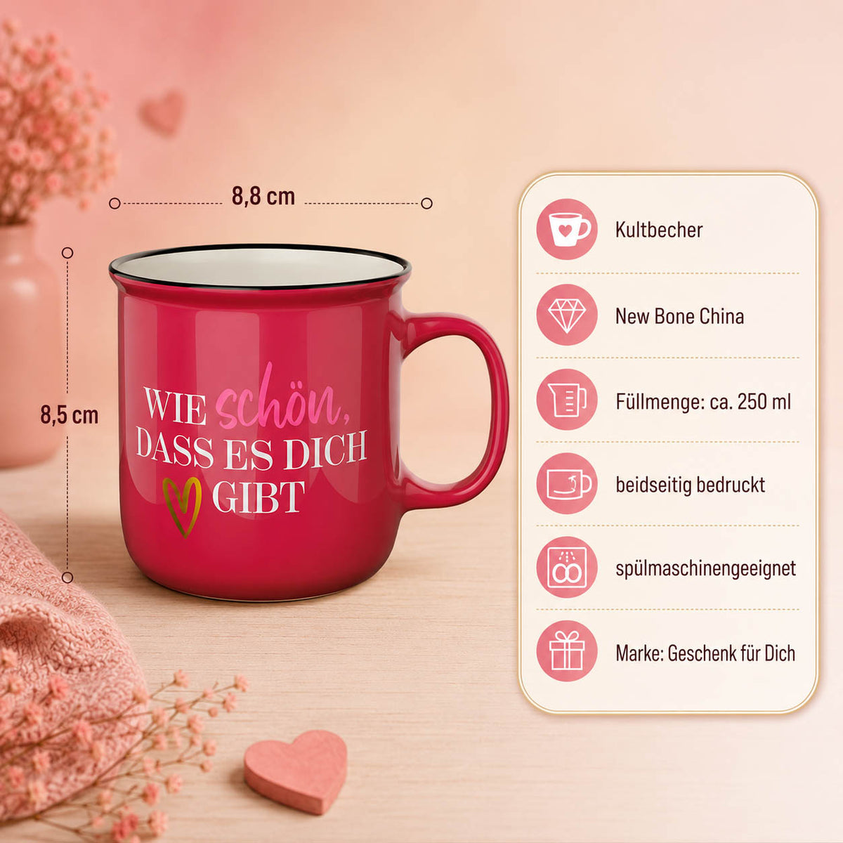 Kultbecher Wie schön, dass es Dich gibt – Highlights: New Bone China, 250 ml, Höhe 85 mm, Durchmesser 88 mm, schwarzer Rand im Retro-Look, beidseitig bedruckt