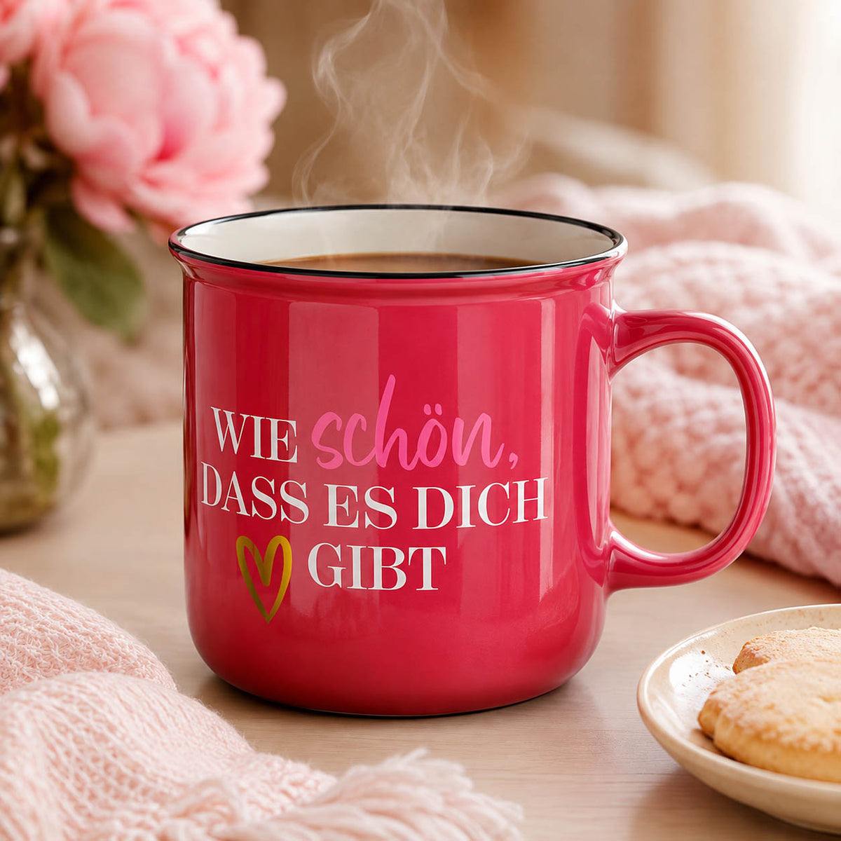 Kultbecher „Wie schön, dass es Dich gibt“ in Pink mit goldenem Herz, stimmungsvoll mit Strickdecke – Geschenk für Dich