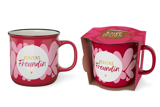 Kultbecher „Herzens Freundin“ von Geschenk für Dich – pinkfarbener Becher mit rosa Herzen, beidseitigem Spruch