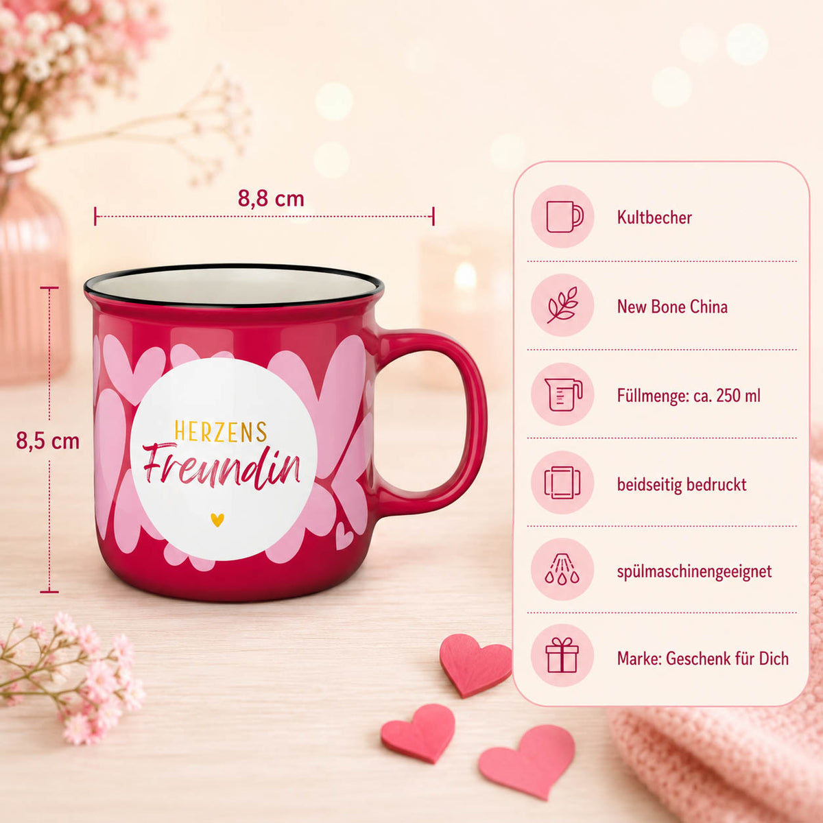 Kultbecher Herzens Freundin – Highlights: New Bone China, 250 ml, Höhe 85 mm, Durchmesser 88 mm, schwarzer Rand im Retro-Look, beidseitig bedruckt