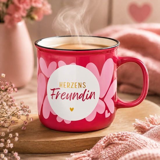 Kultbecher „Herzens Freundin“ in Pink mit rosa Herzen, stimmungsvoll auf Holzbrett mit Schleierkraut – Geschenk für Dich