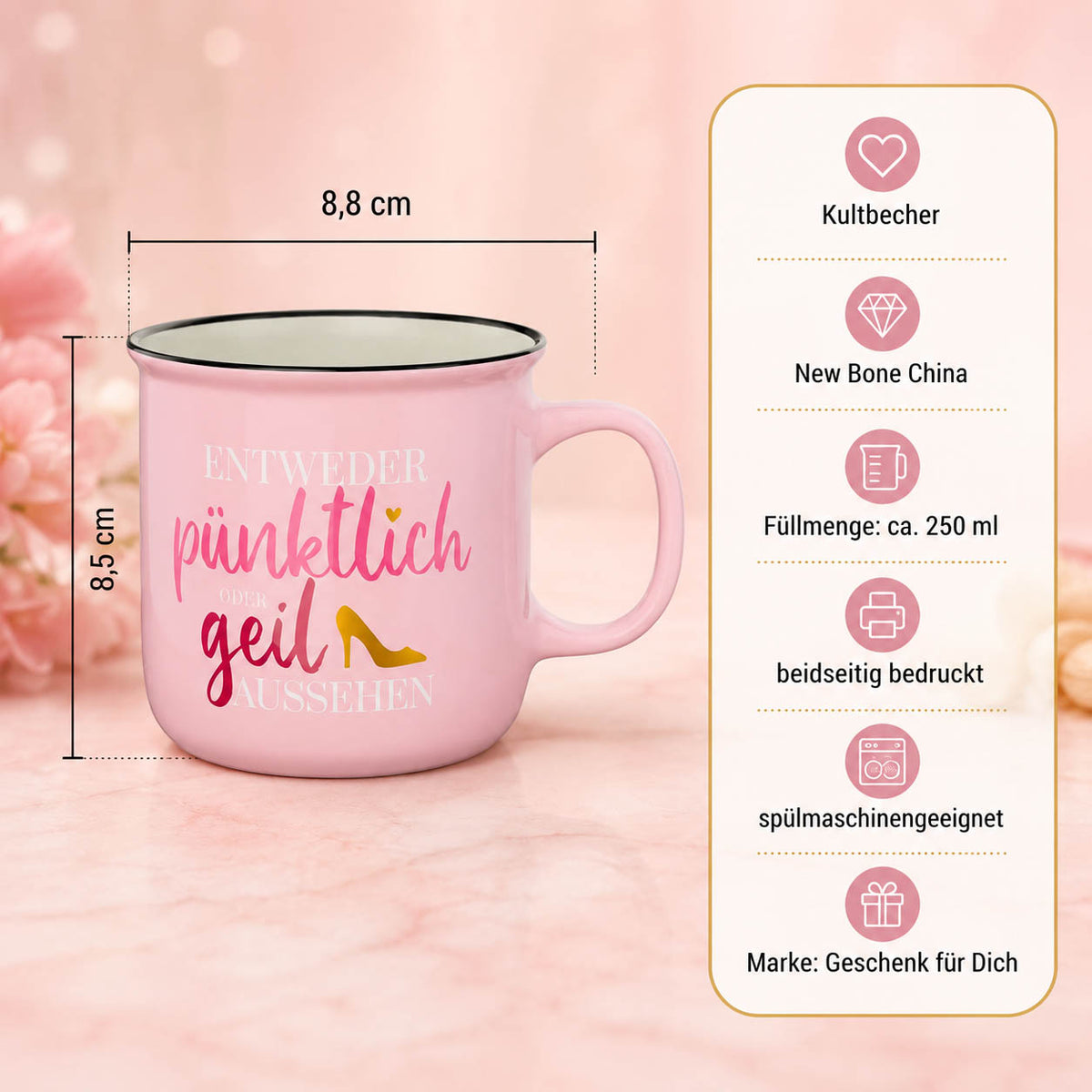 Kultbecher Entweder pünktlich oder geil aussehen – Highlights: New Bone China, 250 ml, Höhe 85 mm, Durchmesser 88 mm, schwarzer Rand im Retro-Look, beidseitig bedruckt